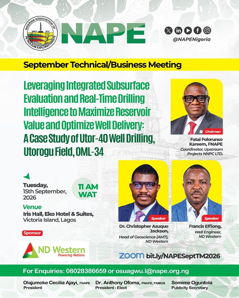 NAPE September Technical/Business Meeting | 15 September 2026 - Advancing Reservoir Value and Well Delivery Through Integrated Subsurface Evaluation. 